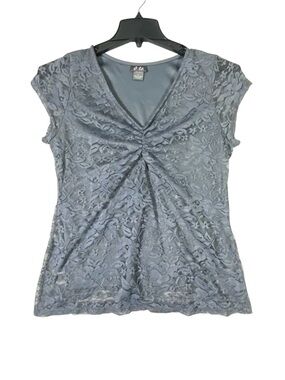 Dots Floral Lace Blouse Women's L Gray Short Sleeve V-Neck Cinched Front Lined